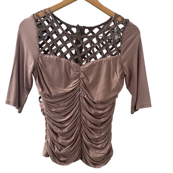 Calla Ruched Lattice Blouse Mauve Cutout Top Clubwear Y2K Stretch sz L - Picture 1 of 7